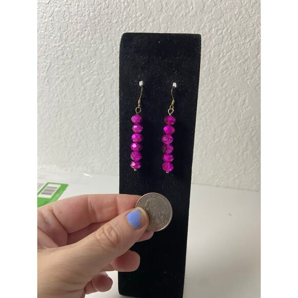 Handmade Fuchsia Glass Bead Dangle Earrings - Picture 2 of 3